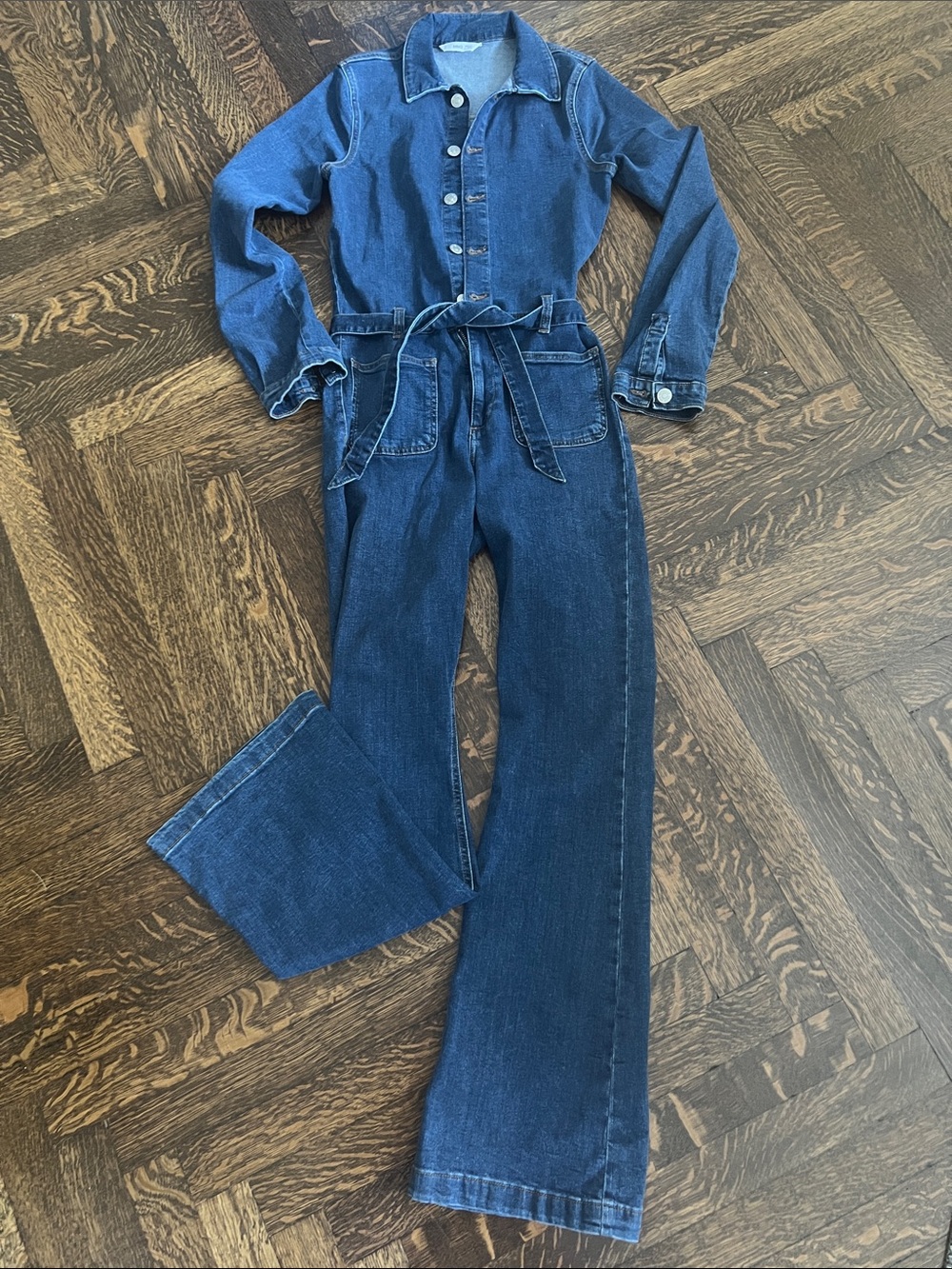 Mango Dark Blue Denim Overalls Jumpsuit with Tie Waist